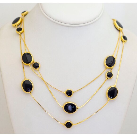 27 inch, Vintage Black Beads Gold Tone Stylish Multi Strand Necklace by Avon, N1 - Picture 2 of 3